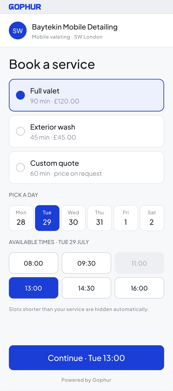 Gophur public booking page where a customer picks a service