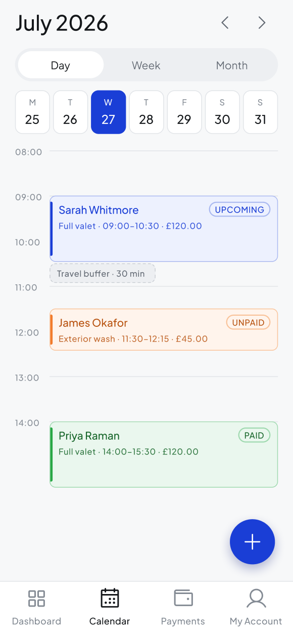 Gophur day calendar with upcoming and unpaid jobs