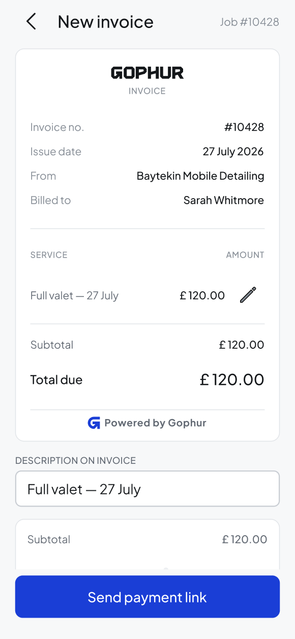 Gophur invoice ready to send as a payment link