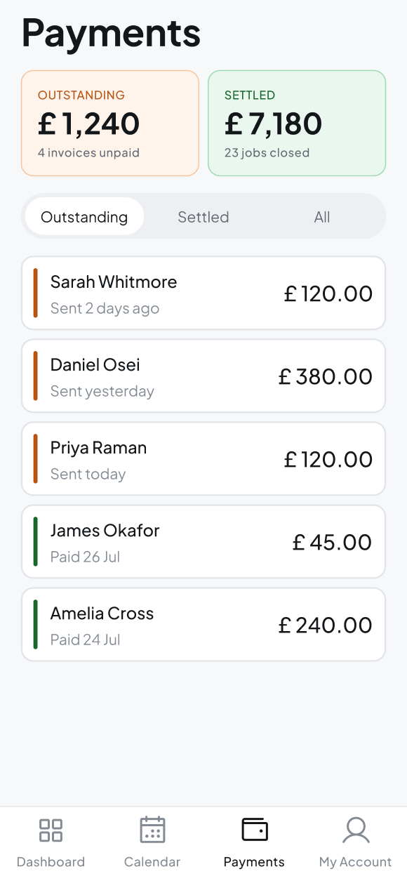 Gophur payments screen with outstanding and settled totals