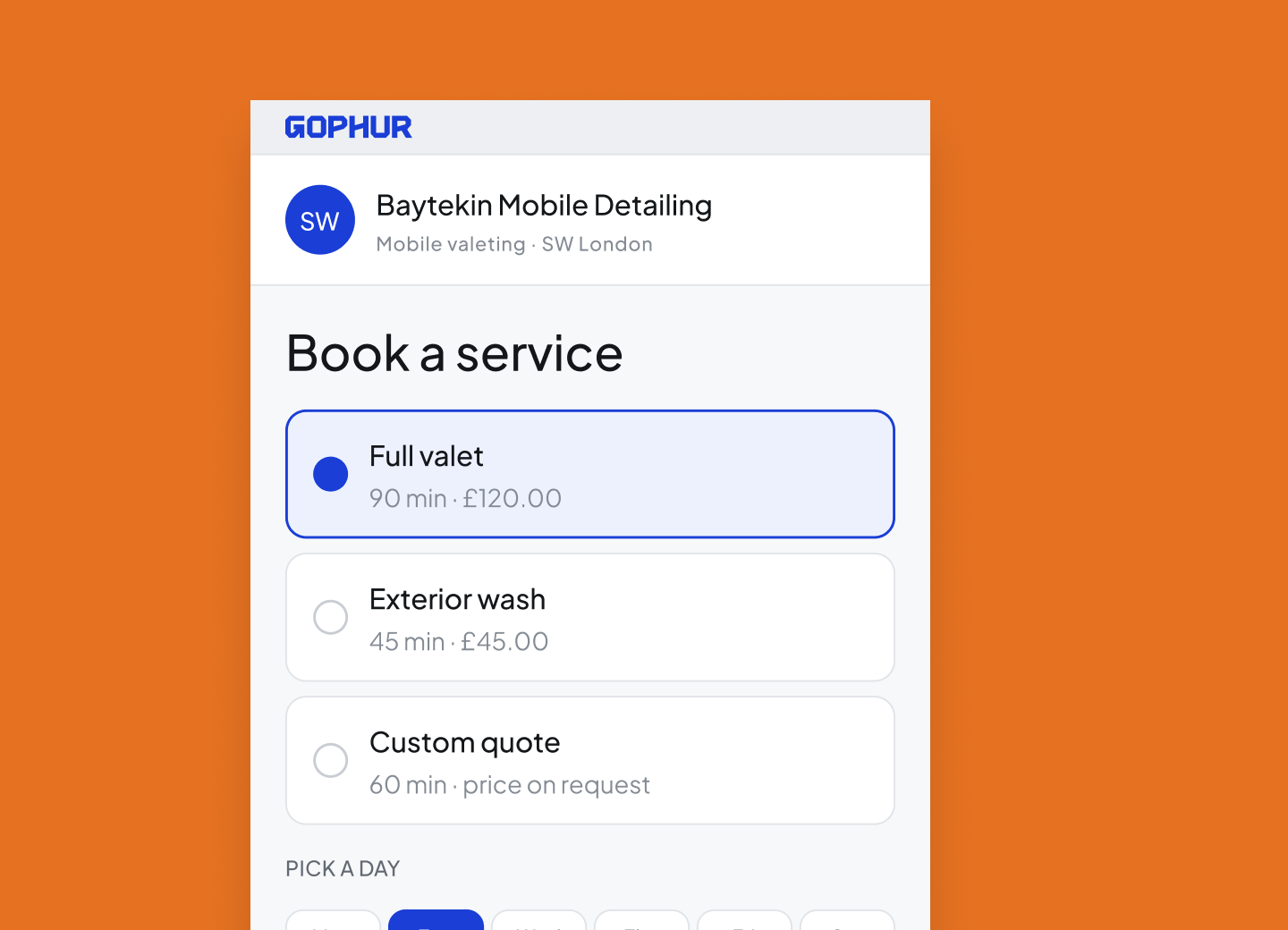 Gophur public booking page where a customer picks a service