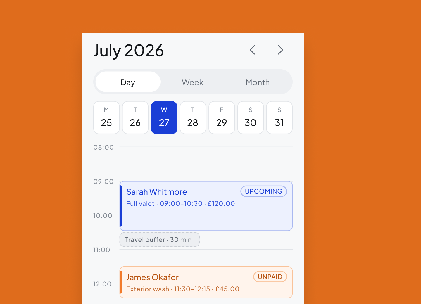 Gophur day calendar with upcoming and unpaid jobs