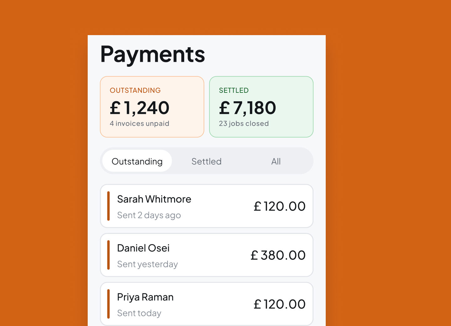 Gophur payments screen with outstanding and settled totals